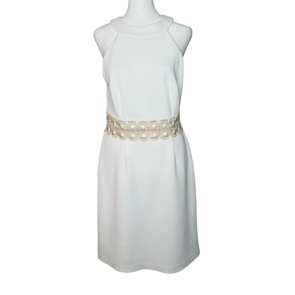 Halter Sheath Dress Size 8 White Gold Metallic Lace Textured Vince Camuto 